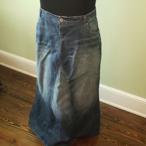Distressed maxi denim skirt